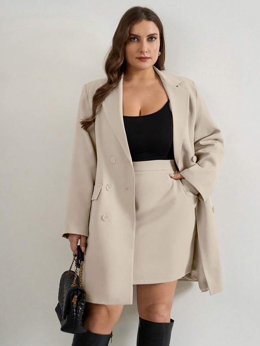 EURMUSE Double-Breasted Suit Jacket And Skirt Set - Beige - View 1