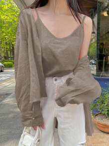 DAZY 2 件套女士纯色细肩带长袖衬衫亮橙色春夏秋季女士夏季衬衫 - 棕色 - 查看 2