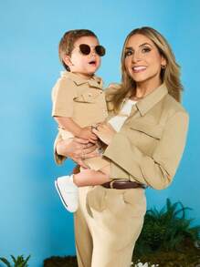 SHEIN Baby Boy Trang phục thường ngày Xuân/Hè Hàng ngày Phong cách phiêu lưu ngoài trời Động vật Áo có hoa văn 3D + Bộ quần short - Màu Khaki - Xem 1