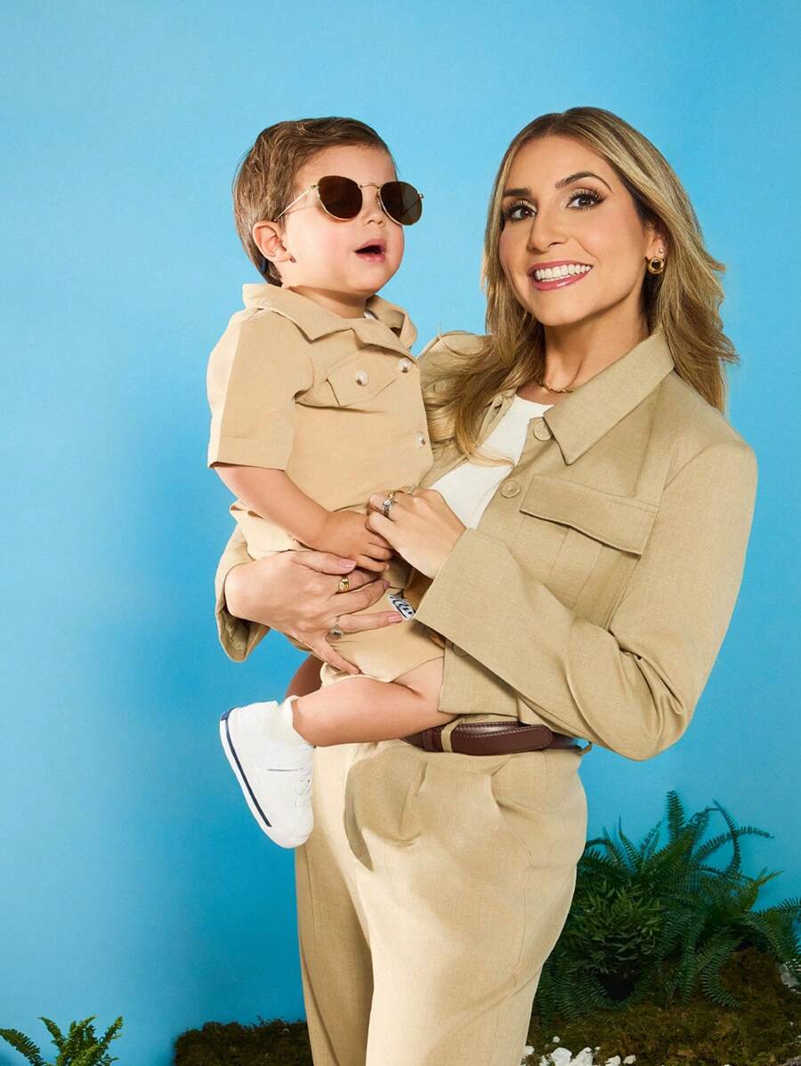 SHEIN Baby Boy Trang phục thường ngày Xuân/Hè Hàng ngày Phong cách phiêu lưu ngoài trời Động vật Áo có hoa văn 3D + Bộ quần short - Màu Khaki - Xem 1