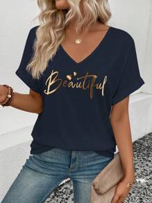 SHEIN LUNE New Fashion Women Metallic Letter Print V-Neck Loose Short Sleeve T-Shirt - Navy Blue - View 5