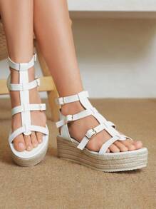 Styleloop Canvas Wedge Lace-Up Casual Comfortable Versatile Sandals - White - View 1