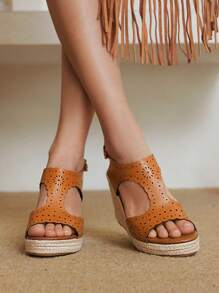 Styleloop Women's Platform Wedge Sandals, Hollow-Out Open Toe High Heel Shoes, Thick Sole Vacation Outdoor Sandals - Brown - View 7