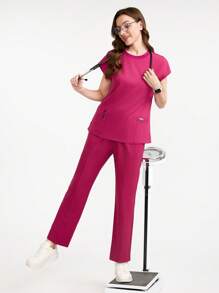 Scrubzie Women's Solid Color Round Neck Short Sleeve Pocket Casual /Nursing Scrub Top
