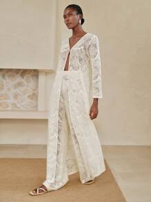 Arave 2pcs/Set Women Solid Color Hollow Long Sleeve V-Neck Cardigan & Straight Leg Pants, Casual Outdoor Beach Vacation Outfit For / Fall Women Clothes Fall Outfits Women Fall Autumn Clothes - Beige - View 2