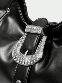 SHECARRY 女士时尚钻石扣单肩包，日常使用 - 黑色 - 查看 3