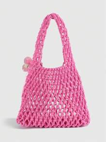 ROMWE Fairycore 1pc Fashionable Personalized Spring/Summer Beach Vacation Style Orange Ocean Woven Beach Bag, Large Size Women Handbag - Multicolor - View 6