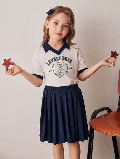 PrepCrw 少女学院风字母与泰迪熊印花撞色Polo领T恤/迷你裙套装