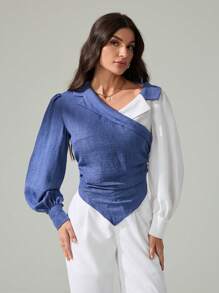 SHEIN Tall Women's Autumn Color Block Ruched Asymmetric Hem Fashion Long Sleeve Blouse, Tall Women - Blue and White - View 8