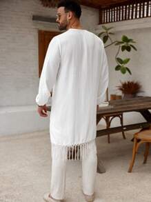 Manfinity RSRT Plus Size Men Casual Geometric Print Tassel Hem Long Sleeve Maxi Shirt, Vacation Style