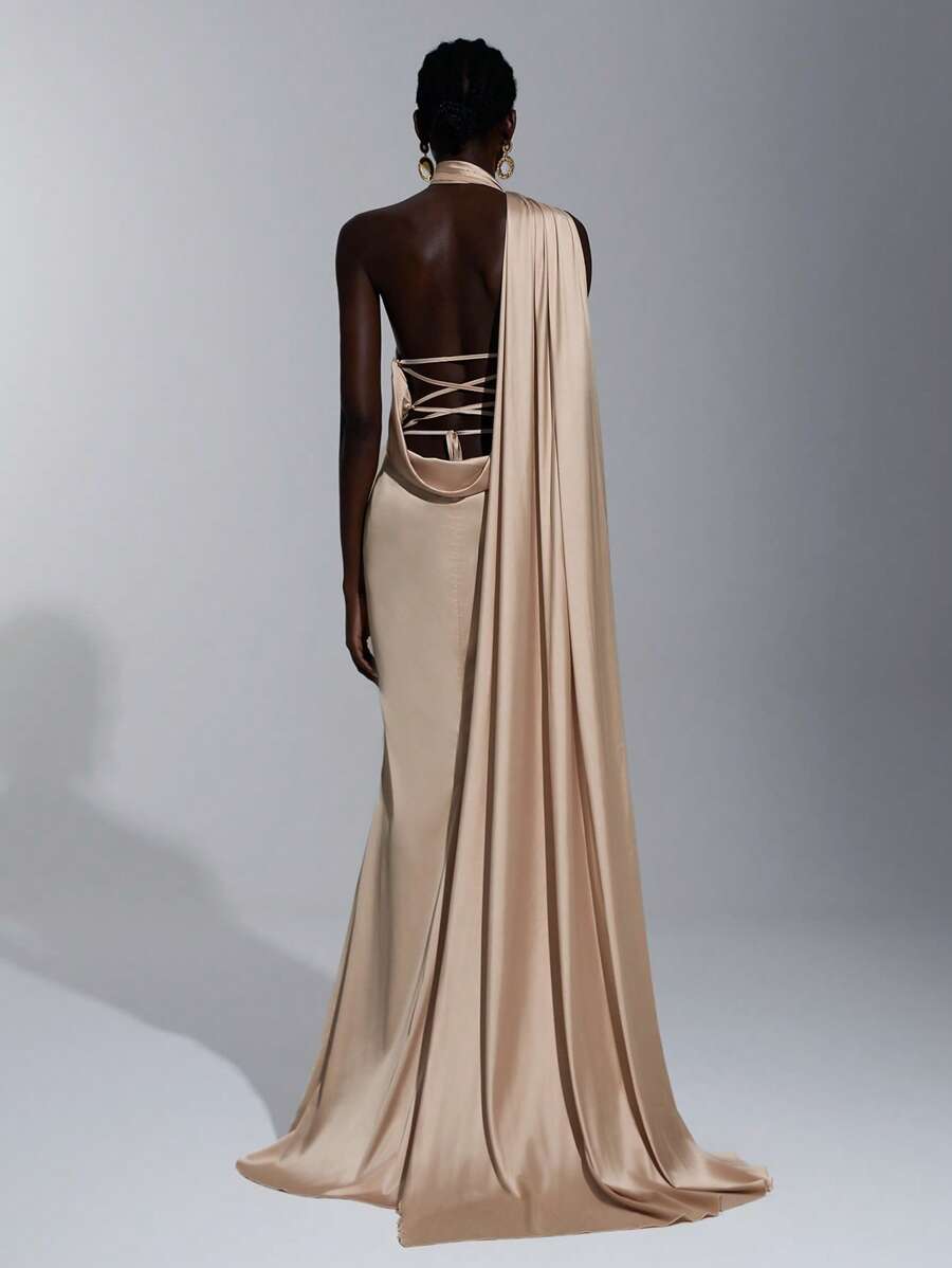 Elitara Champagne Spring Elegant Dinner Evening Satin Mermaid Skirt Dress, Backless Lace-Up Slim-Fitting Khaki Bridesmaid Wedding Guest Party Vacation - Khaki - View 1