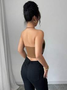 Elenzga Blusa de tirantes y escote en la espalda con estampado de teñido anudado de verano sexy para mujeres - Caqui - Ver 2