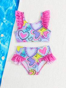 SHEIN Young Girl Heart Print Ruffle Edge Swimsuit Set - Multicolor - View 5