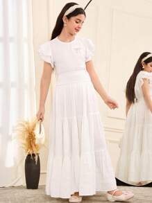 SHEIN Tween Girls' White Layered Ruffled Maxi Skirt, Casual Holiday Wear - White - View 5