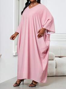 SHEIN Lady Vestido largo de túnica con mangas de murciélago abiertas, escote en V, pliegues y falda con abertura, en colores bohemios, casual y elegante, para primavera y verano, adecuado para pasear, playa u ocasiones casuales, tallas grandes, conjunto de 2 piezas para vacaciones