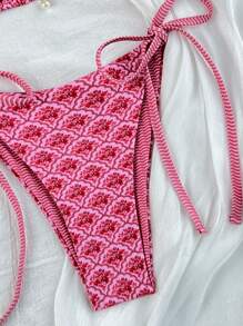 Swim Mod Set de bikini de 2 piezas con estampado floral disperso y ataduras laterales, para vacaciones en la playa