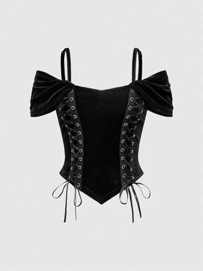 Goth Plus Size Gothic Eyelet Lace-Up Decor Off Shoulder Velvet Camisole Top