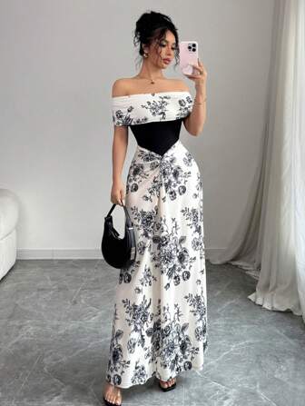 Rafferiza 女士浪漫露肩花卉印花拼接修身长裙，春夏