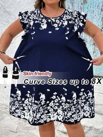 SHEIN CURVE+ Plus Size Boho Blue Floral Print Woven Fabric Short Dress With Round Neck And Ruffle Detailbeach Outfits For Woman/Beach Dress/Beach Vacation Outfits/Beach Essentials / Graduation/Tea Party Dress