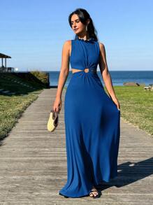 EURMUSE Solid Color Simple And Fashionable Summer Long Dress With Back Detail - Royal Blue - View 3