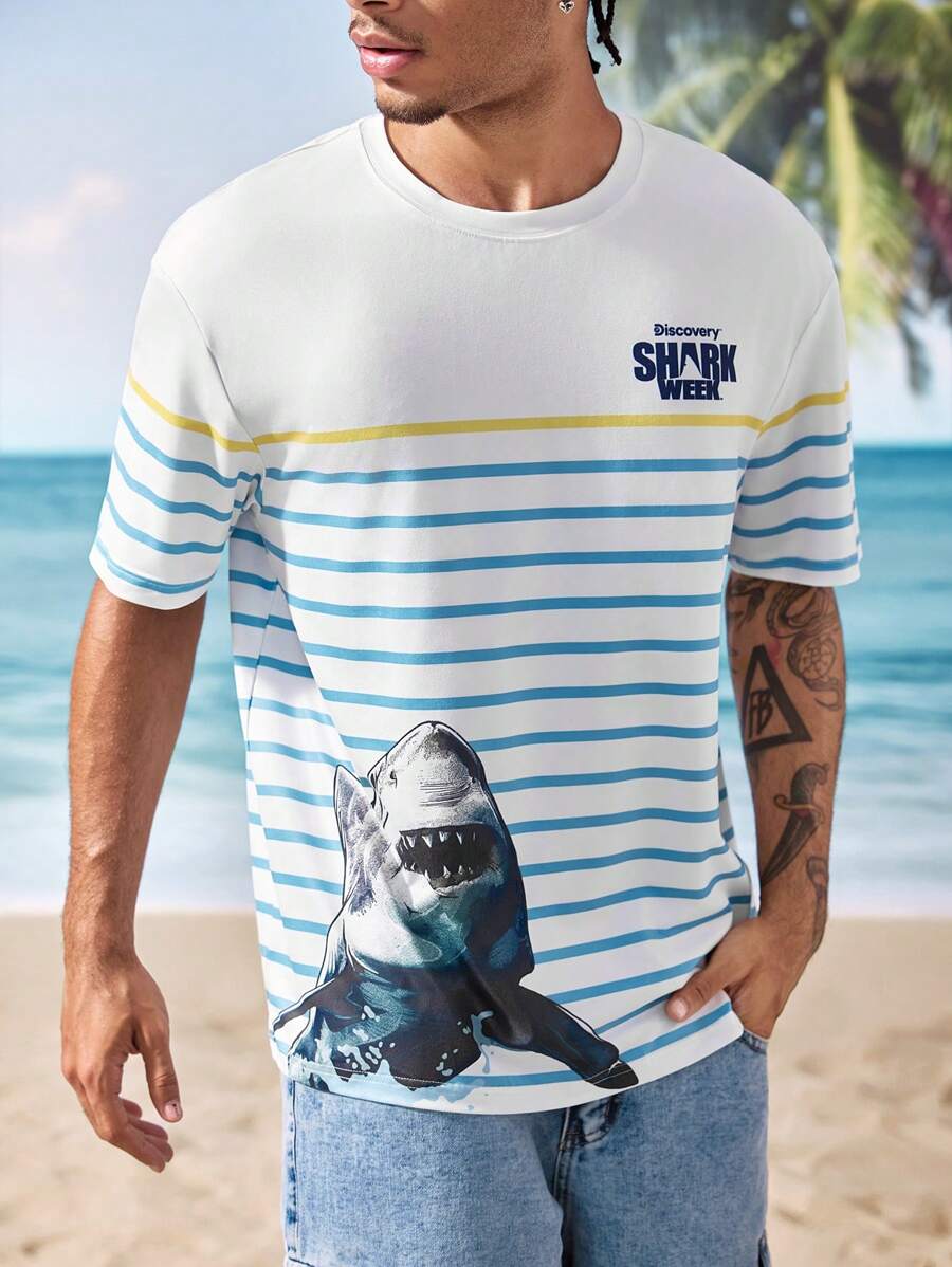 Shark Week X SHEIN Men's Casual Striped Shark Print Round Neck Short Sleeve T-Shirt, Summer - Multicolor - View 1