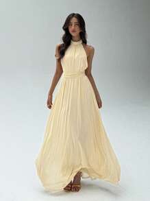 Aloruh Women's Elegant Sexy Wedding Guest Dress Cocktail Dance Graduation Season Dress Birthday Party Dress Seaside Holiday Daily Leisure Commuting Simple Solid Color Maxi Dress Apricot Mesh Knitted Halter Backless Vacation Dress,Graduation,Teacher Outfits For Women,Teacher Dress - Apricot - View 4