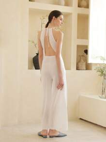 女式简约夏季镂空系带吊带连体裤 - 白色 - 查看 2