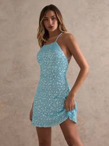 Glamine Vestido mini con tirantes de mujer con lentejuelas en parches y espalda descubierta, conjunto de 2 piezas, atuendo de verano, atuendo de vacaciones, fiesta sexy, colorido, lentejuelas, top tubo, atuendo de club sexy, vestidos cortos de verano de mujer, vestidos de mujer para cumpleaños - Celeste - Ver 4