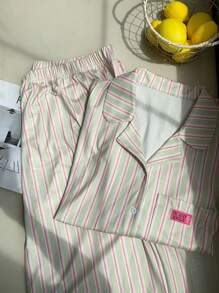 Dazy Plus Patchwork Striped Lapel Sleepwear Set, Includes Shirt & Pants - Green - View 1