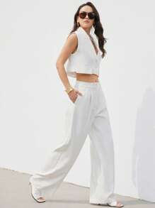 Aveloria Modichic 白色短款宽肩垫无袖翻领口袋不对称下摆西装马甲+宽松及地西装裤优雅简约商务休闲女两件套