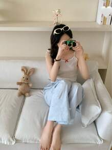 2 件套青少年女孩休闲简约时尚百搭纯色吊带背心和蕾丝拼接裤睡衣 - 彩色 - 查看 1