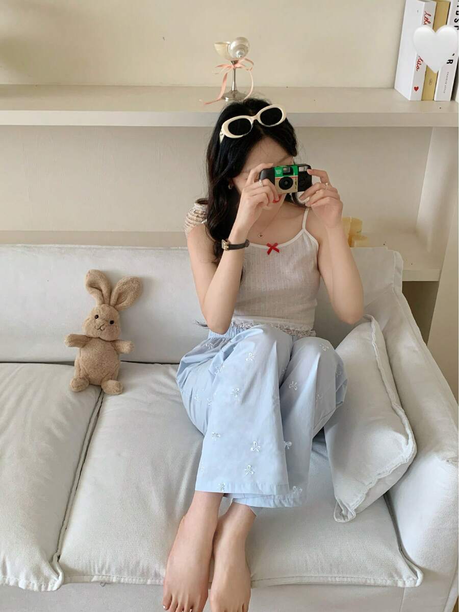 2 件套青少年女孩休闲简约时尚百搭纯色吊带背心和蕾丝拼接裤睡衣 - 彩色 - 查看 1