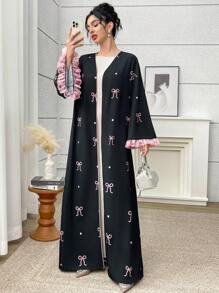 Yasmyna 女士蝴蝶印花喇叭袖阿拉伯长袍开衫，端庄长袍 - 黑色 - 查看 2