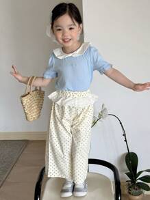 DAZY Young Girls Cute Bowknot Collar Short Sleeve T-Shirt, Summer - Blue - View 7