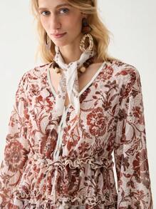 Florisole V-Neck Cap Sleeve Embroidered Bohemian Red-Brown Blouse For Summer - Coffee Brown - View 4