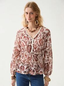 Florisole V-Neck Cap Sleeve Embroidered Bohemian Red-Brown Blouse For Summer - Coffee Brown - View 5