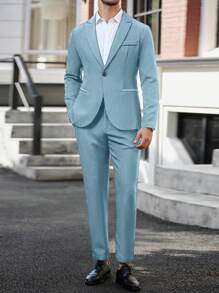 Calvornis Men's Solid Color Distressed Lapel Long Sleeve Jacket And Pants Casual Suit Set - Baby Blue - View 5