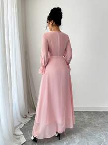 Modelyn Mesh Embroidered Patchwork Chiffon Flare Sleeve Dress For Women Fall Cloth For Women - Pink - View 2