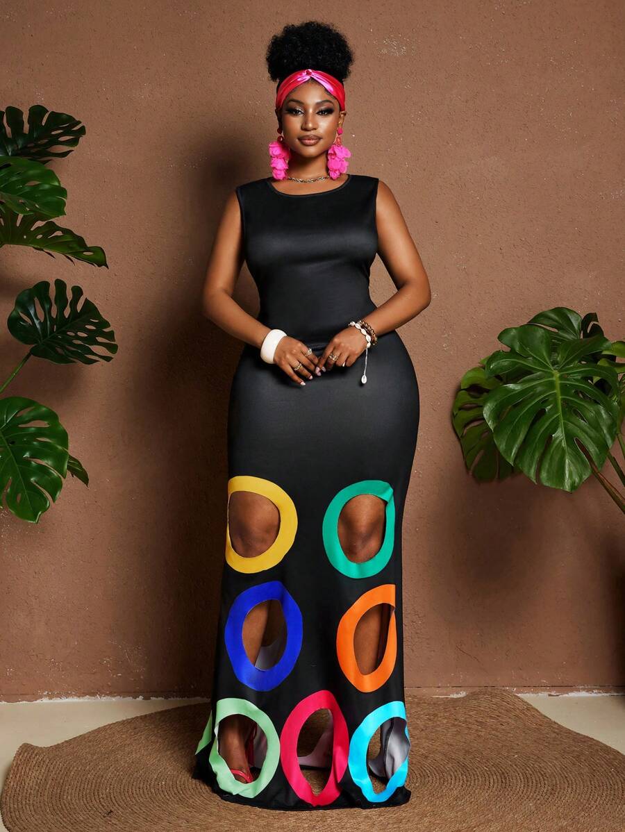 Maweii 1pc Women Plus Size Color Block Cutout Round Neck Sleeveless Fitted Dress, Stylish - Multicolor - View 1