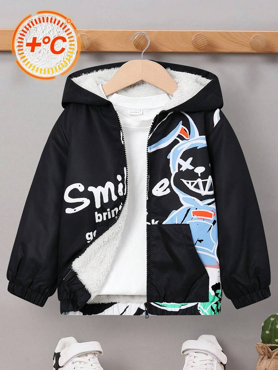 SHEIN 男童毛絨內裡帶連帽花印夾克 - 黑色 - 查看 1