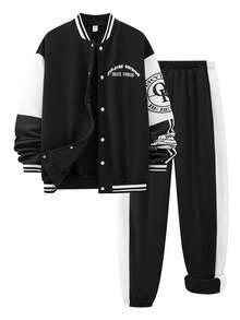 SHEIN 2 件青少年男孩黑白拼色夹克和运动裤套装，印有标志，适合秋季、冬季、休闲、运动、生日派对、日常穿着 - 黑與白 - 查看 7