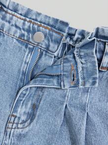 SHEIN Explorewe TWEEN GIRLS 牛仔短裤，宽松休闲牛仔短裤，荷叶边腰部设计，时尚百搭水洗蓝色牛仔短裤 - 中等水洗藍 - 查看 7