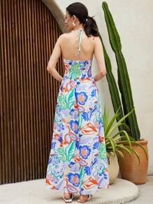 SHEIN LUNE Casual Holiday Beach Ditsy Floral Spaghetti Strap Slit Dress - Multicolor - View 2