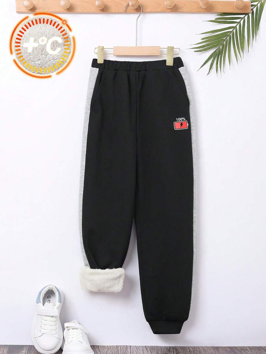 SHEIN 男大童字母貼布加絨內裏衛褲 - 黑色 - 查看 1