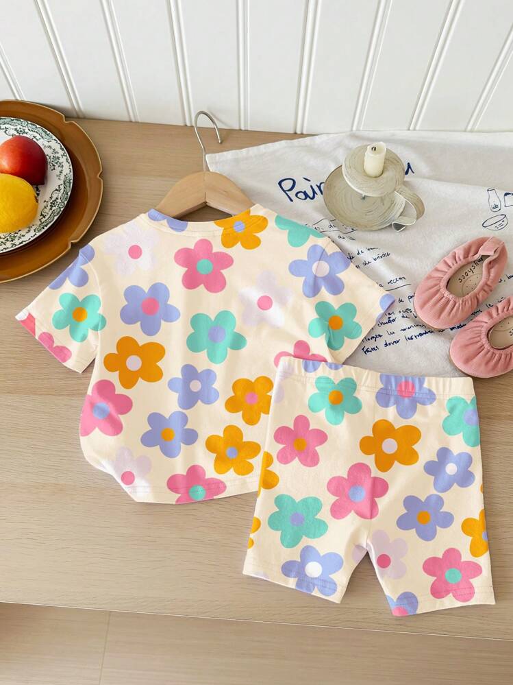 SHEIN Baby Girl Casual Minimalist Round Neck Short Sleeve T-Shirt And Skinny Shorts Set, Suitable For Spring/Summer - Multicolor - View 2