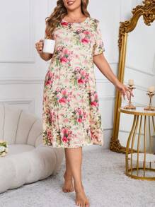 SHEIN 加大码优雅花卉印花夏季睡裙娃娃裙完美夏日，Moo Moo 睡裙 - 彩色 - 查看 4