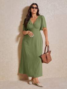 Elaquor Plus Size Casual & Elegant V-Neck Waist Gathered A-Line Dress, Suitable For Vacation,Summer Outfits For Women,Sun Dresses For Women - Green - View 1