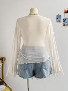 Soleia Plus Size Women Spring Vacation V-Neck Floral Print Net Fabric Bowknot Asymmetric Ruffle Hem Long Sleeve Blouse