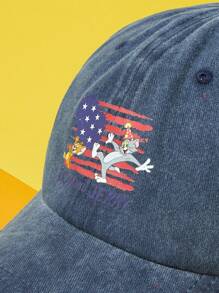 TOM & JERRY X SHEIN Cartoon & American Flag Print Washed Baseball Cap - Navy Blue - View 3
