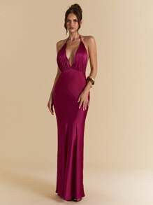 SHEIN BAE Solid Burgundy Sexy Deep V-Neck Pleated Long Satin Women's Dress, Suitable For Banquet, Wedding Bridesmaid Dress, Elegant Dress - Burgundy - View 5